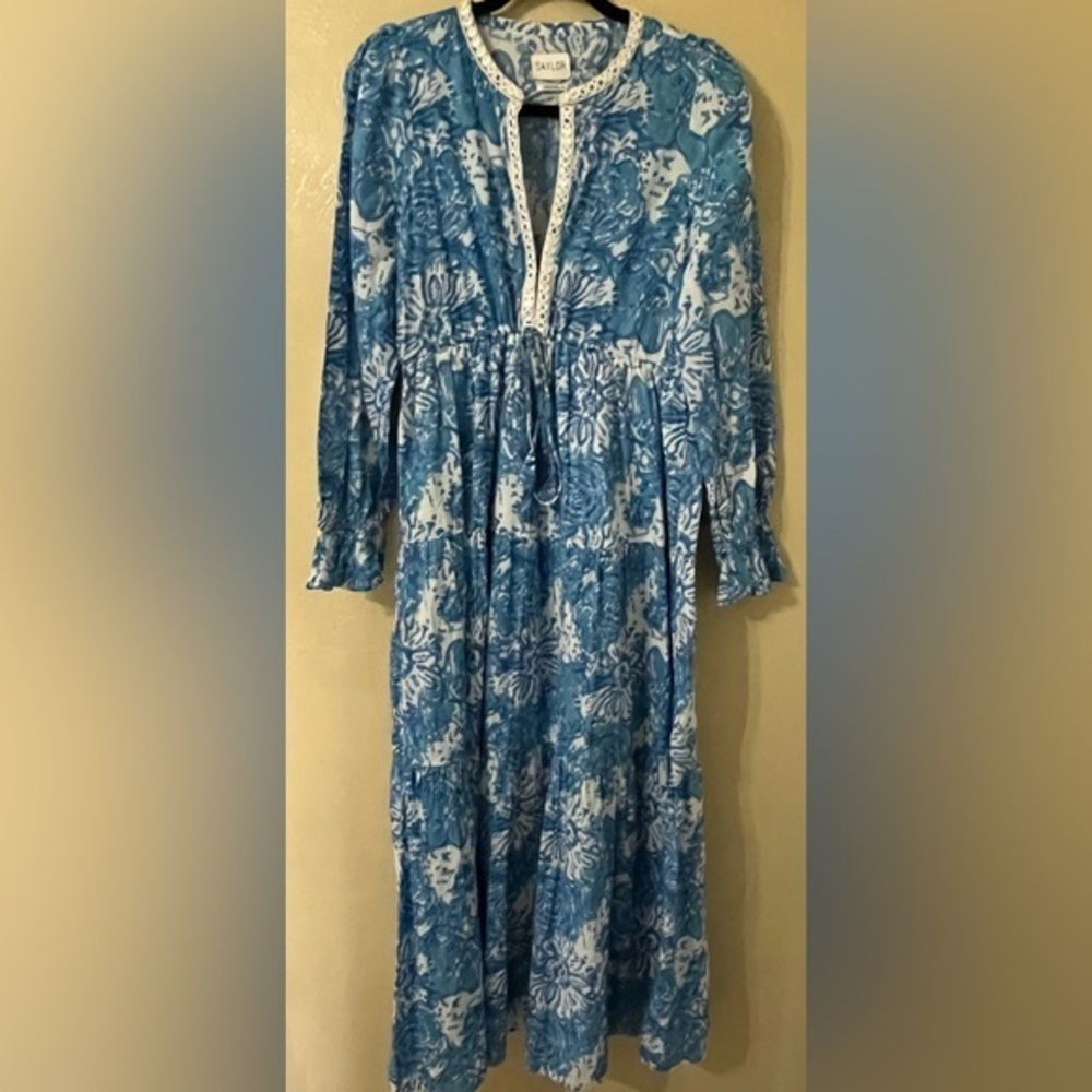 Women's Saylor Blue Floral Long Sleeve Tiered Maxi Dress Size M Bohemian